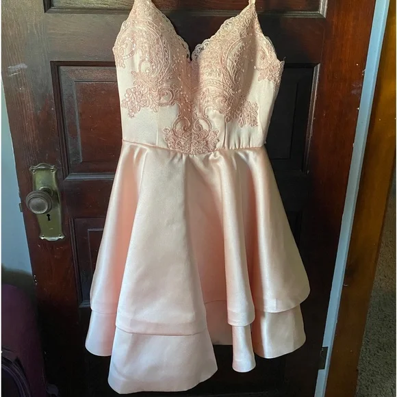 Pink Satin Lace Sequin Dress - Picture 3 of 8